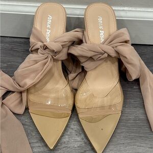 Public Desire Beige Pointed Heels with Ribbon Detail